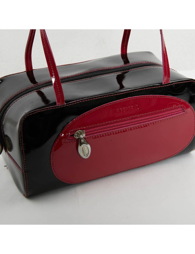 Sac Lagerfeld cuir verni noir poignée rose
