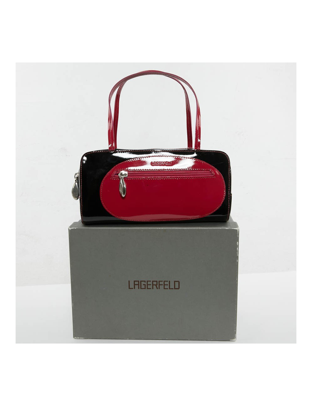 Sac LAGERFELD cuir verni noir poignée fuschia