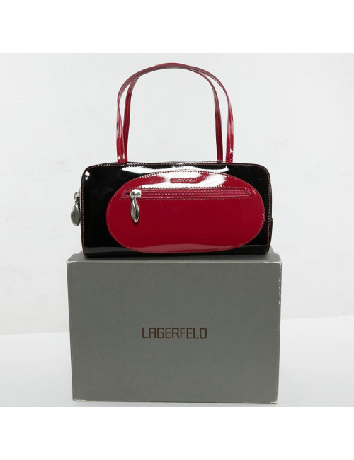 Sac LAGERFELD cuir verni noir poignée fuschia