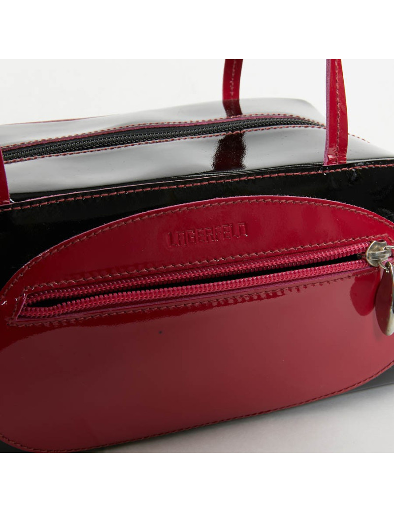 Sac Lagerfeld cuir verni noir poignée rose