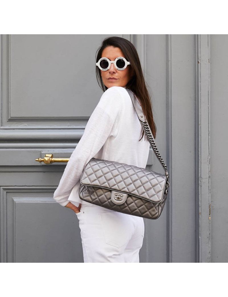 Sac CHANEL cuir grainé argent acier