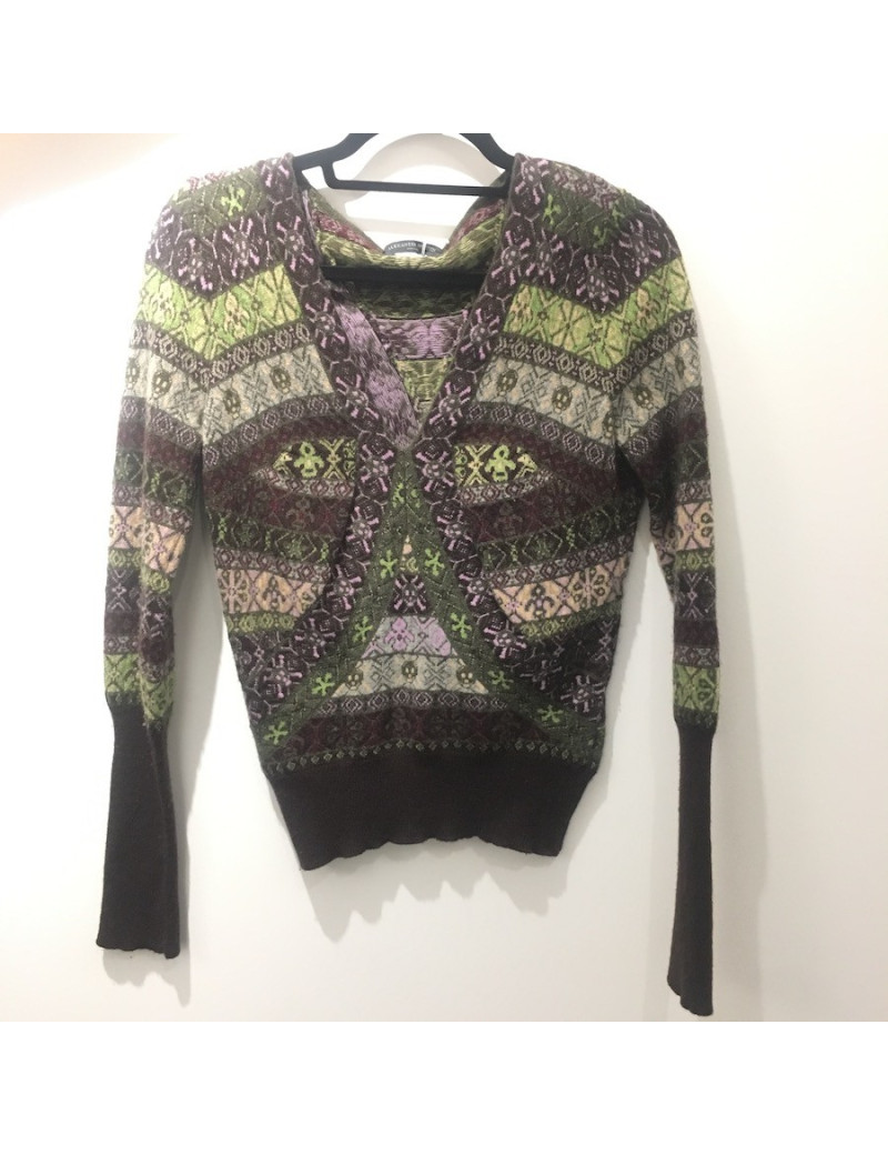 Pull ALEXANDER MC QUEEN en laine marron avec motifs verts, bordeaux et violets