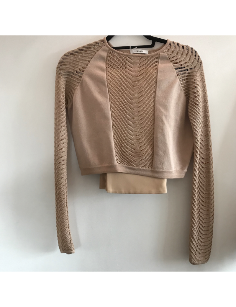 Ensemble VERSACE pull et jupe mi-longue rose pastel