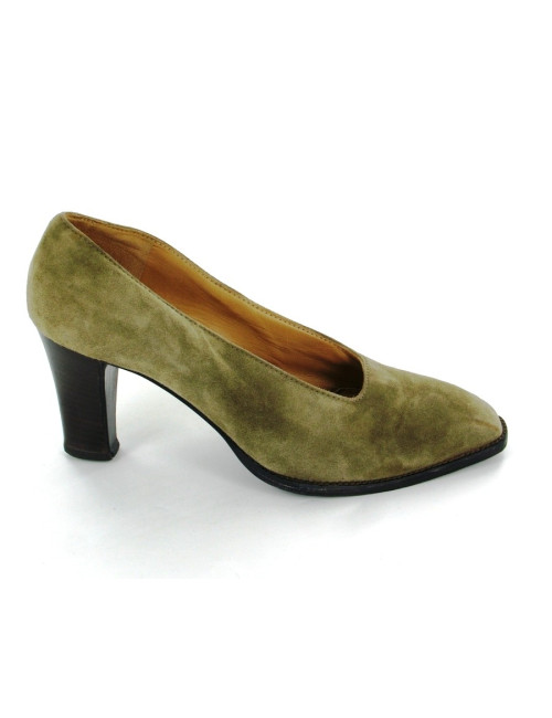 Escarpins HERMES en veau-velours kaki-gris T 36