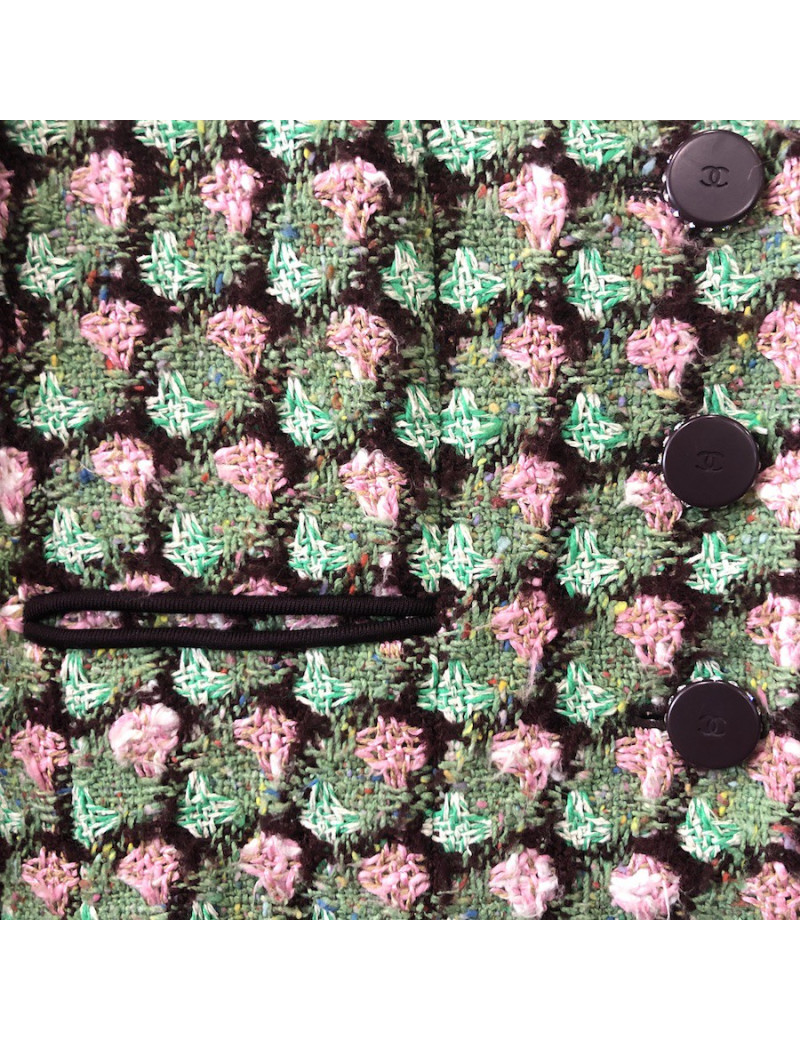 Veste T36 CHANEL en tweed vert, rose et marron