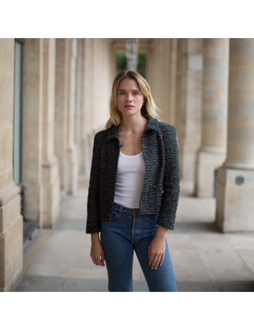 Veste T 36 CHANEL en tweed noir avec fil blanc