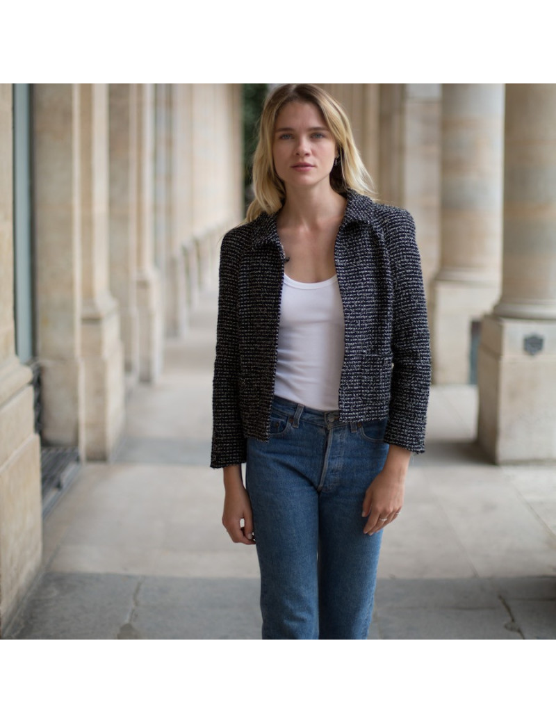 Veste T 36 CHANEL en tweed noir avec fil blanc