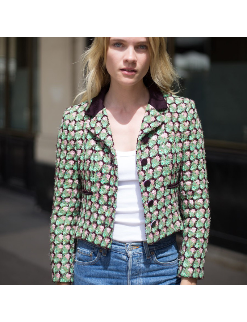 Veste T36 CHANEL en tweed vert, rose et marron
