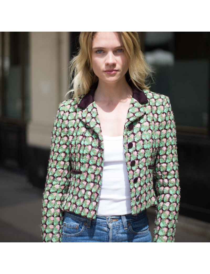 Veste T36 CHANEL en tweed vert, rose et marron