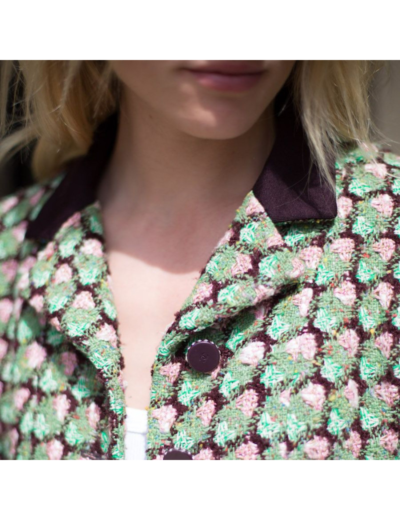 Veste T36 CHANEL en tweed vert, rose et marron