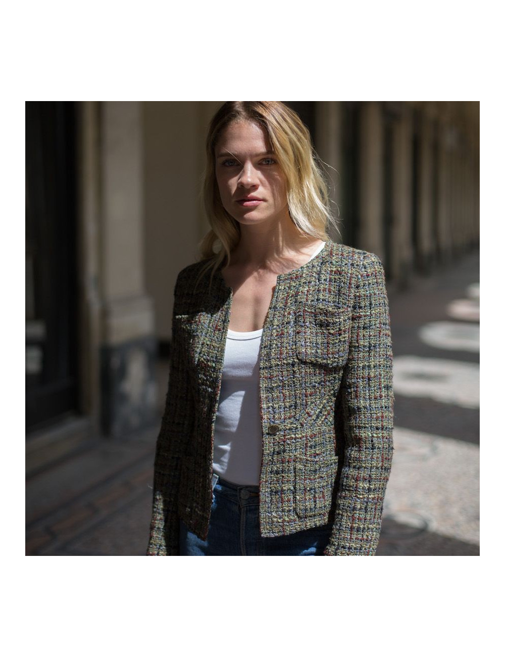 Veste t 34 CHANEL tweed vert