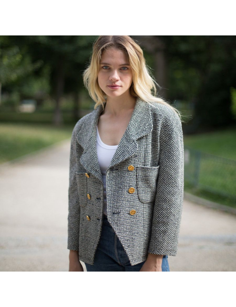 Veste Chanel tweed Blanc bleu T 42
