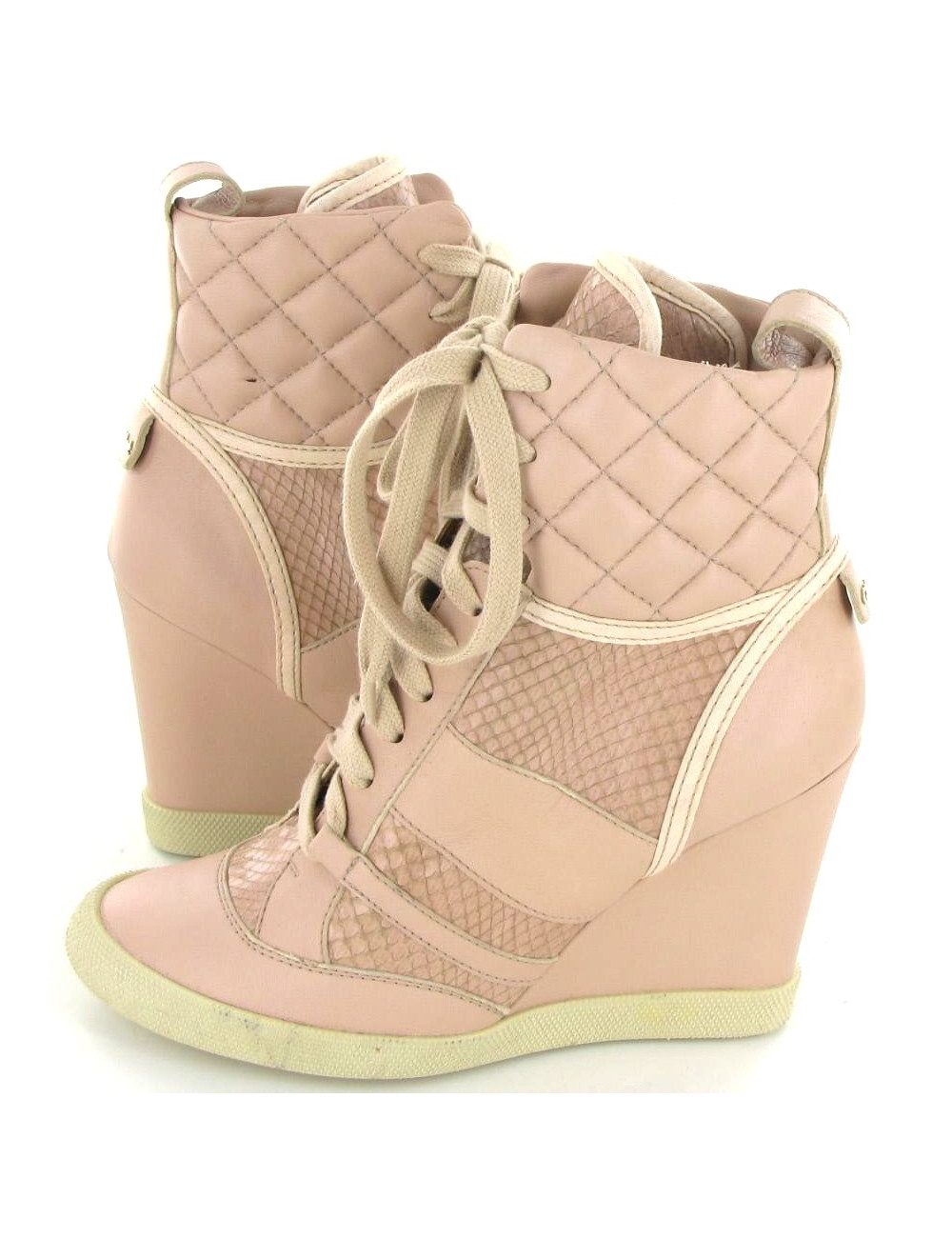 Bottines CHLOE sneakers compensées en cuir et python rose T 38,5