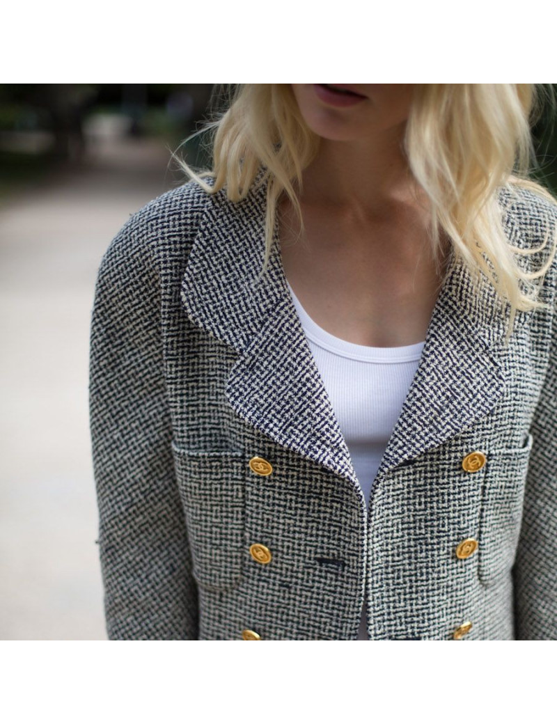 Veste Chanel tweed Blanc bleu T 42