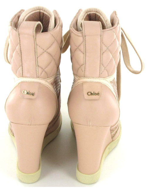 Bottines CHLOE sneakers compensées en cuir et python rose T 38,5