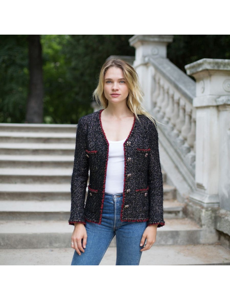 Veste 36 CHANEL tweed noir et fils dorés 