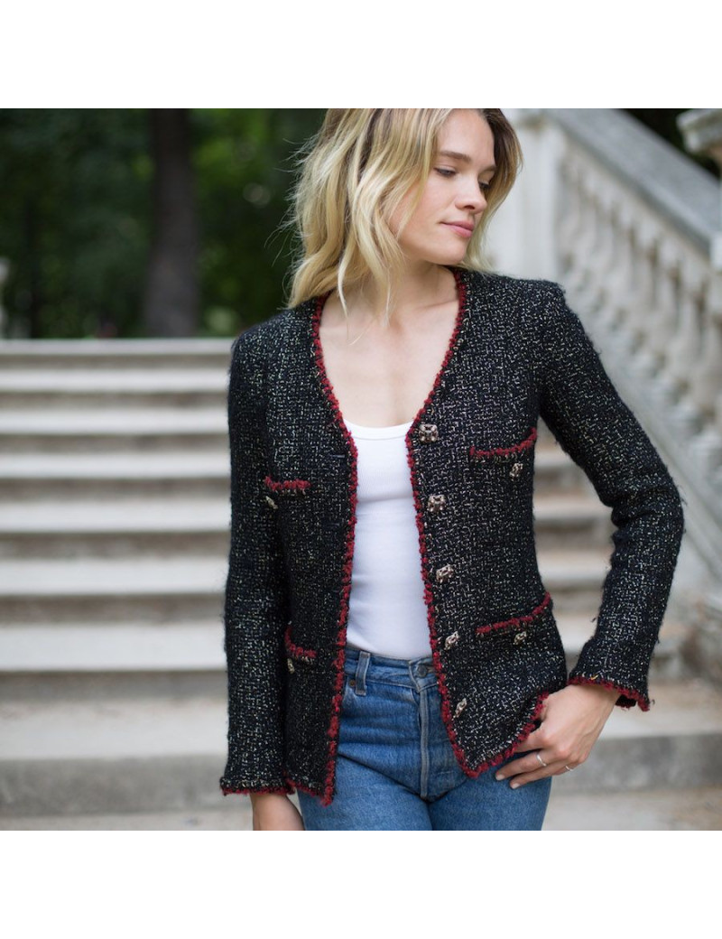 Veste 36 CHANEL tweed noir et fils dorés 