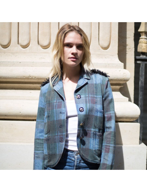 Veste T 36 CHANEL en toile denim à carreaux