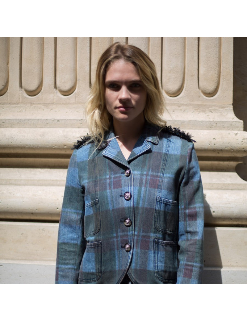 Veste T 36 CHANEL en toile denim à carreaux