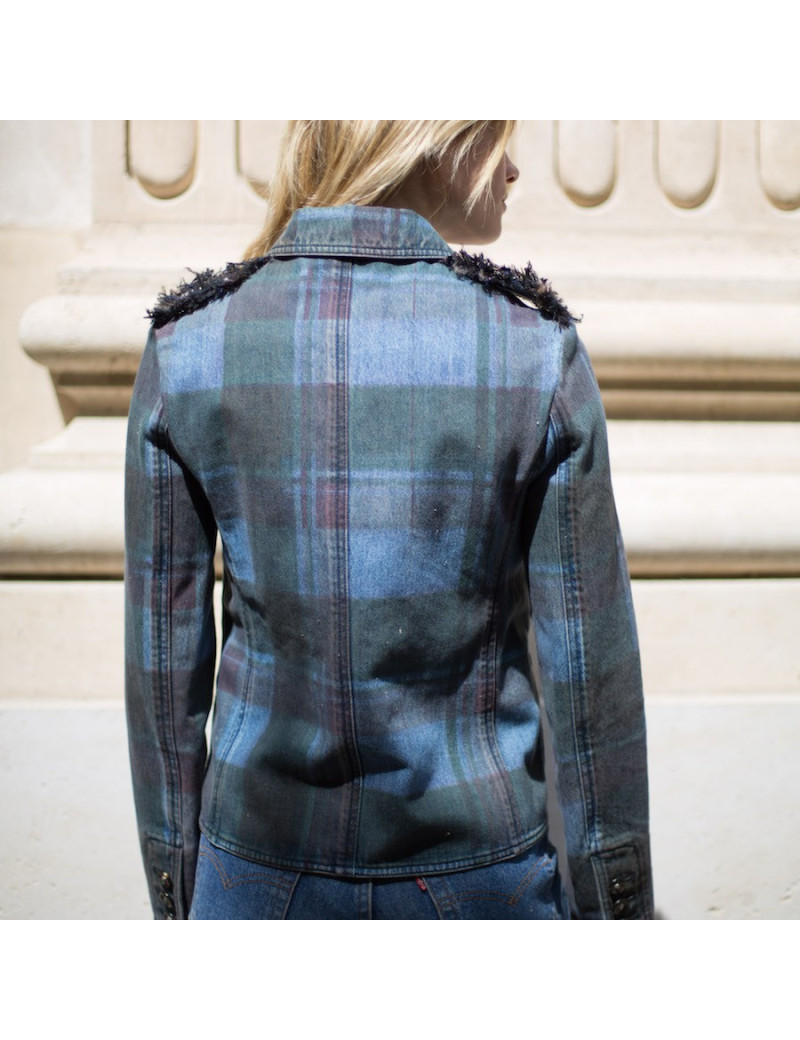 Veste T 36 CHANEL en toile denim à carreaux