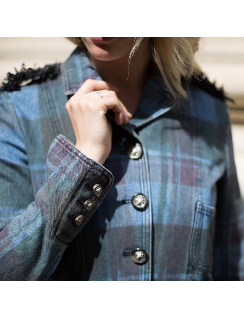 Veste T 36 CHANEL en toile denim à carreaux