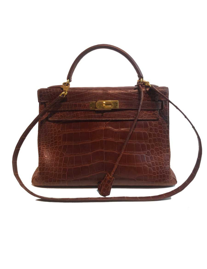 Kelly 32 alligator mat marron bijouterie or