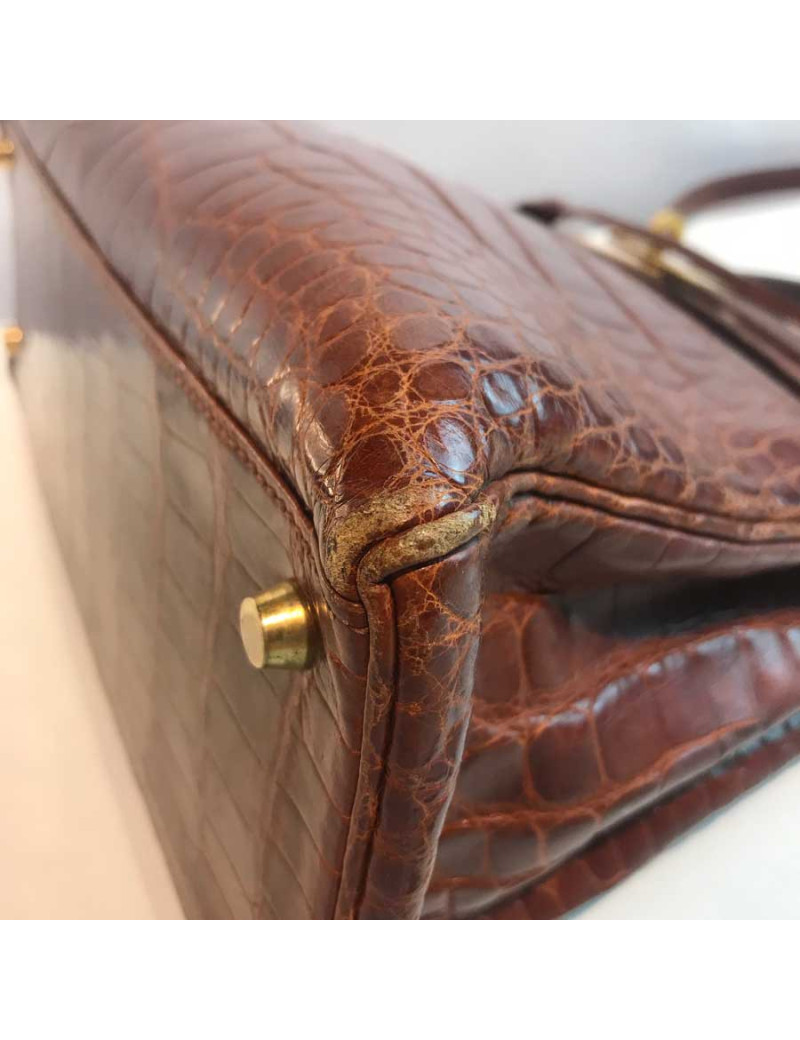 Kelly 32 alligator mat marron bijouterie or