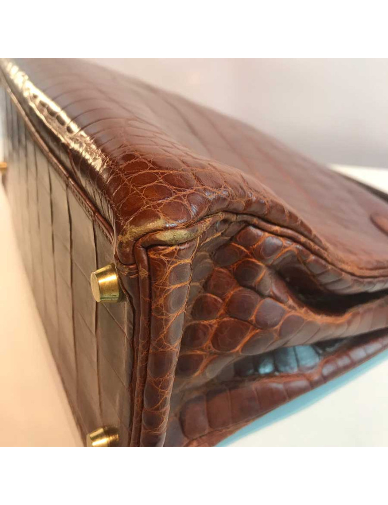 Kelly 32 alligator mat marron bijouterie or