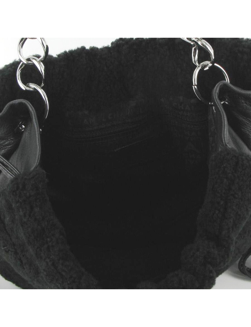 Sac bourse CHANEL noir en mouton retourné et cuir