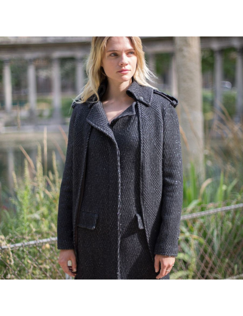 Manteau CHANEL T36 laine noire et fils d'argent