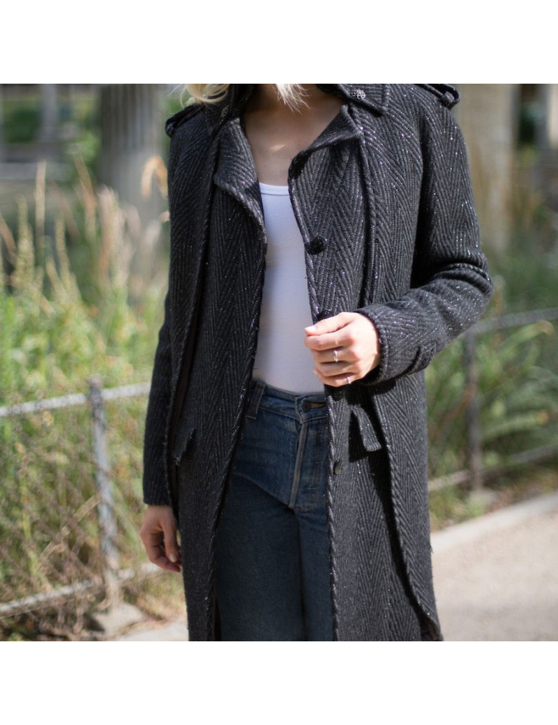 Manteau CHANEL T36 laine noire et fils d'argent