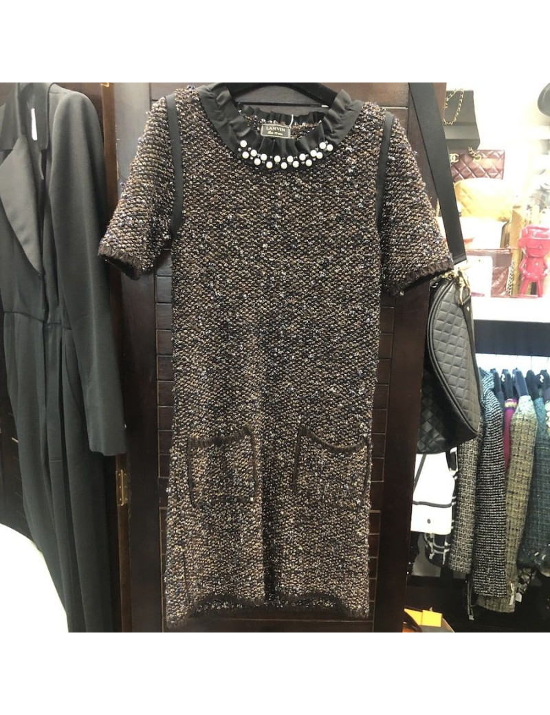 E.S Robe T LANVIN col perlé noire marrin et fils d'or