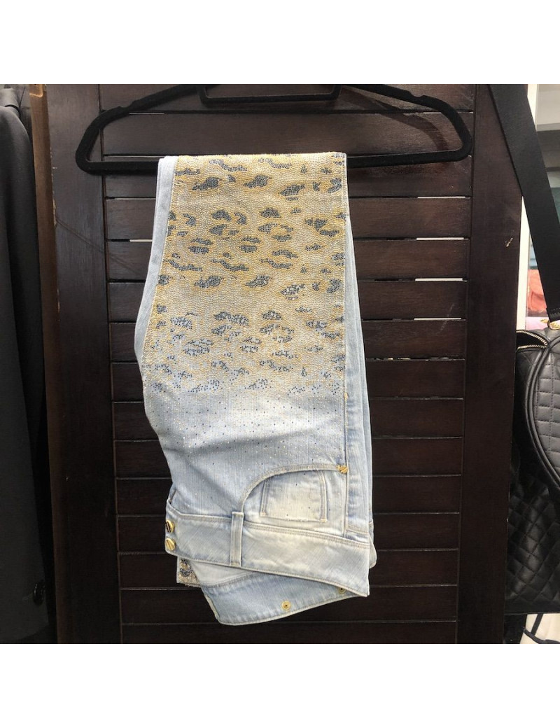 Jean MET bleu ciel à strass dorés et noirs