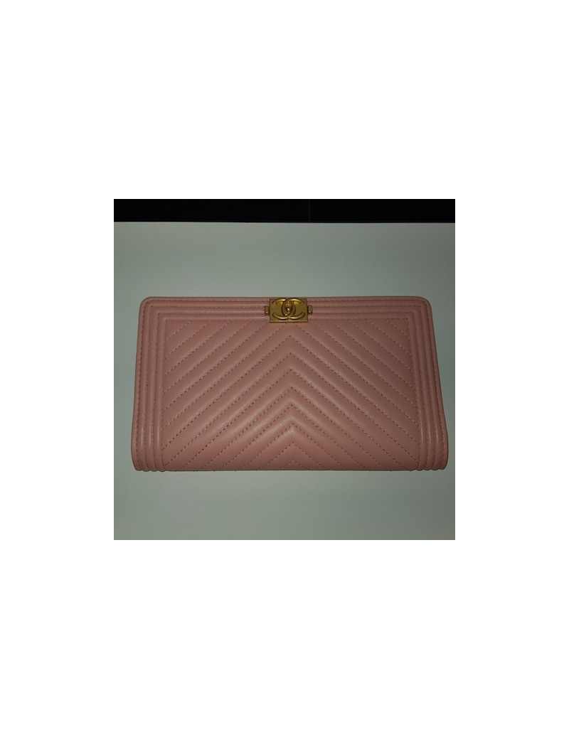 Portefeuille Boy CHANEL cuir chevrons rose