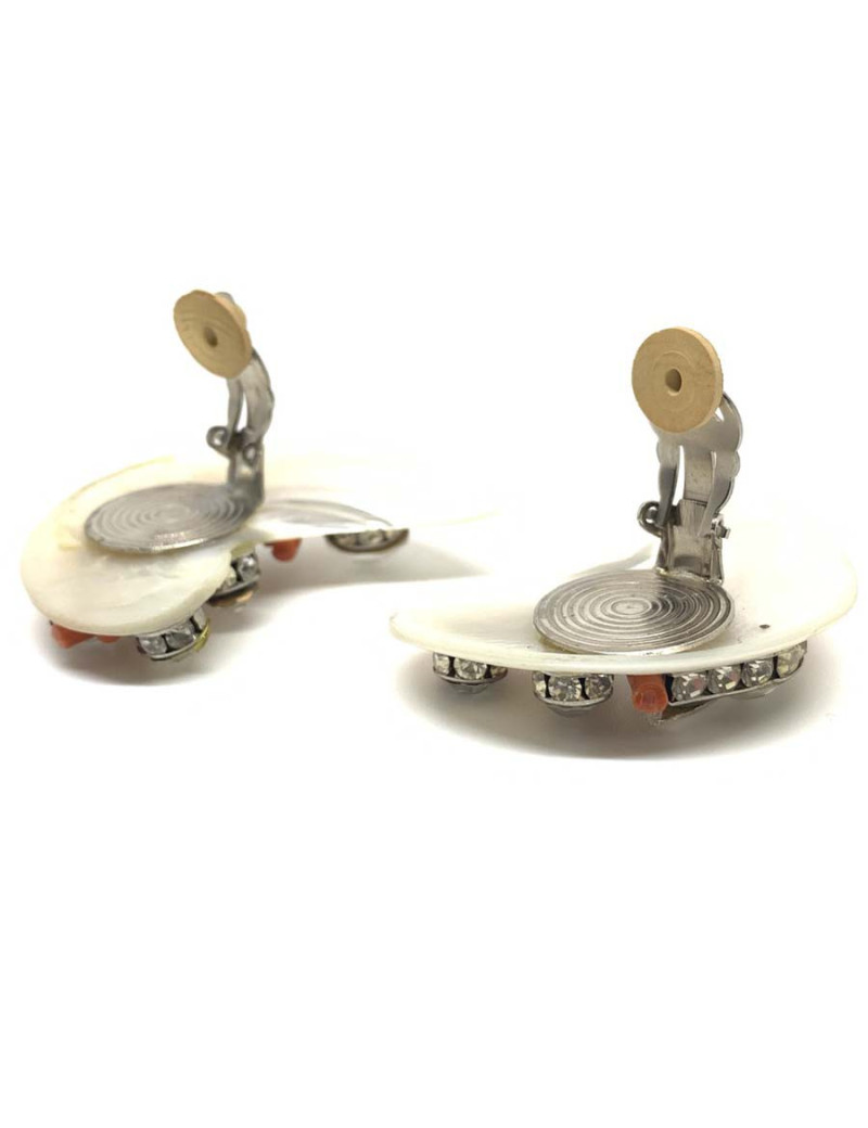 Boucles d'oreille nacre  corail et brillants