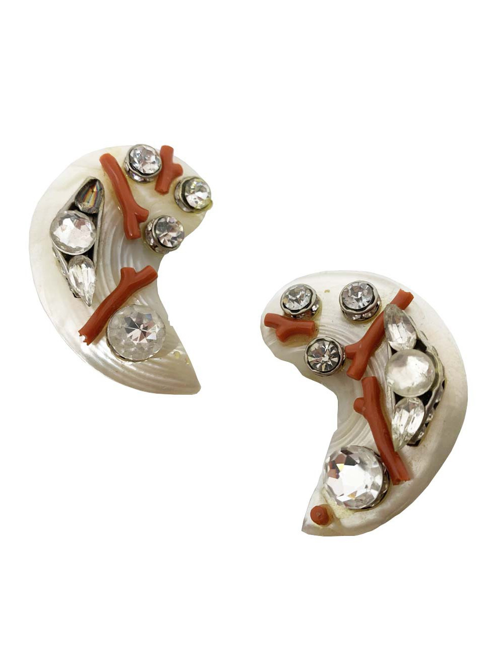 Boucles d'oreille nacre  corail et brillants