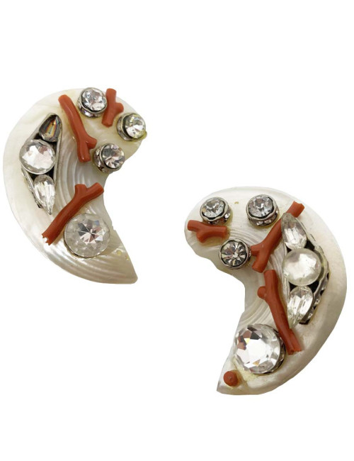 Boucles d'oreille nacre  corail et brillants