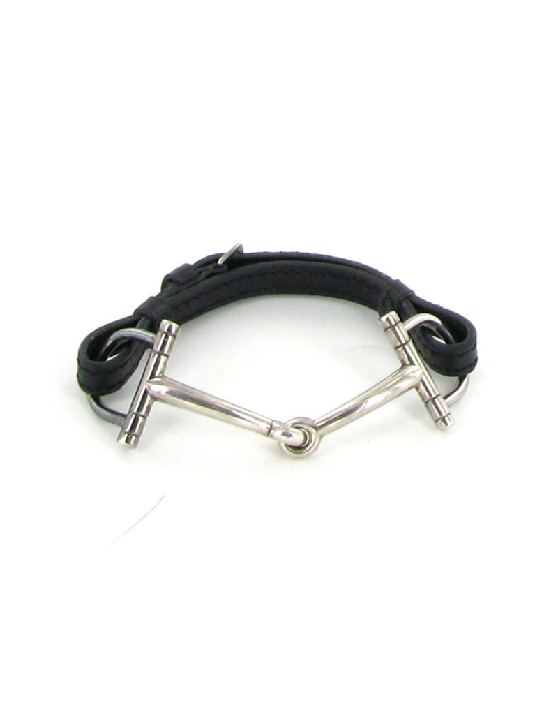 Bracelet HERMES mors en cuir noir et argent