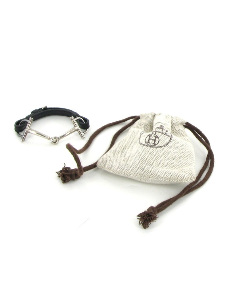 Bracelet HERMES mors en cuir noir et argent