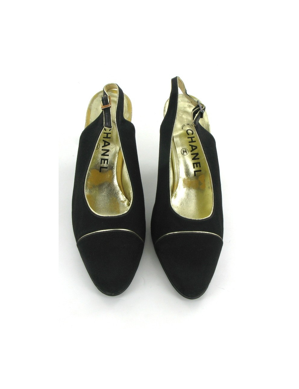 Escarpins CHANEL en satin noir et liserés dorés T 38