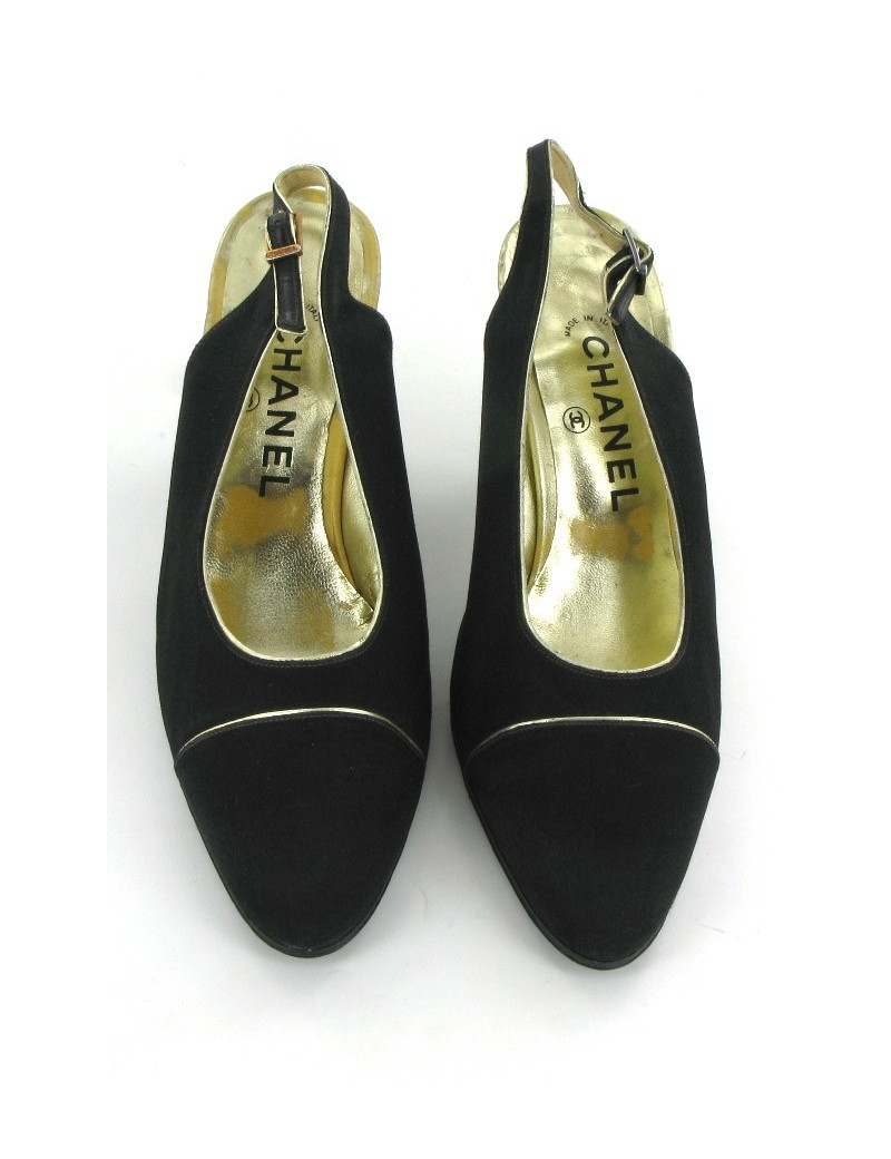 Escarpins CHANEL en satin noir et liserés dorés T 38