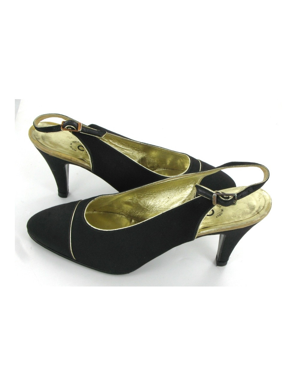 Escarpins CHANEL en satin noir et liserés dorés T 38