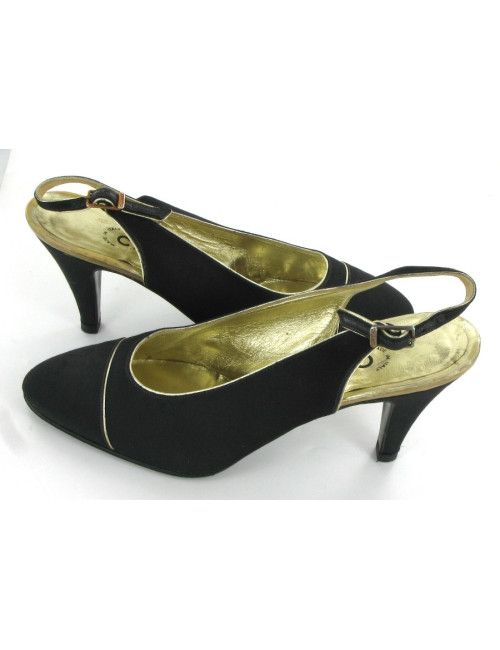 Escarpins CHANEL en satin noir et liserés dorés T 38