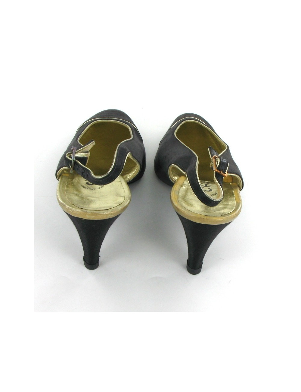 Escarpins CHANEL en satin noir et liserés dorés T 38