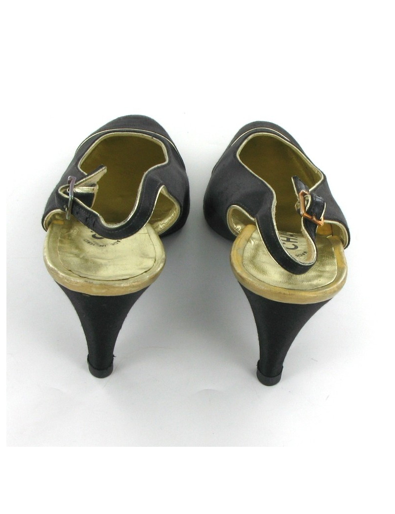Escarpins CHANEL en satin noir et liserés dorés T 38