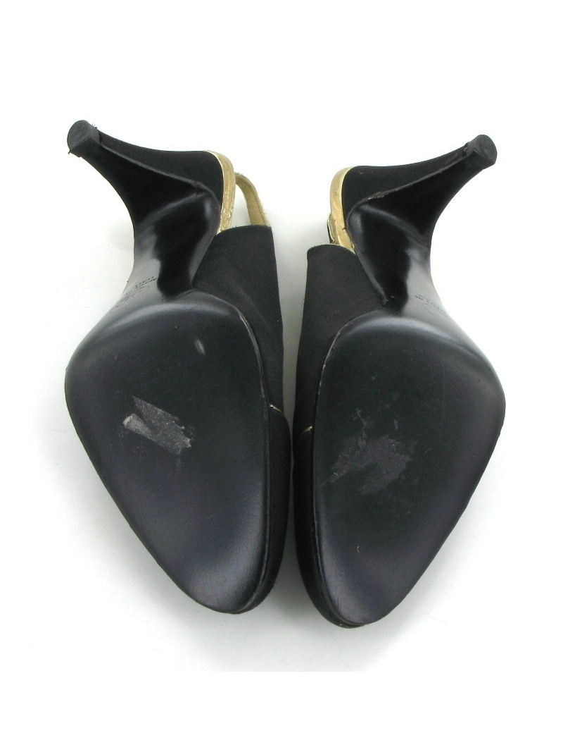 Escarpins CHANEL en satin noir et liserés dorés T 36,5