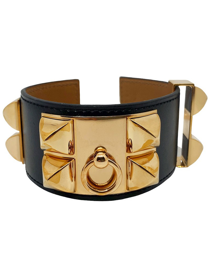 Bracelet collier de chien HERMES noir en cuir de veau