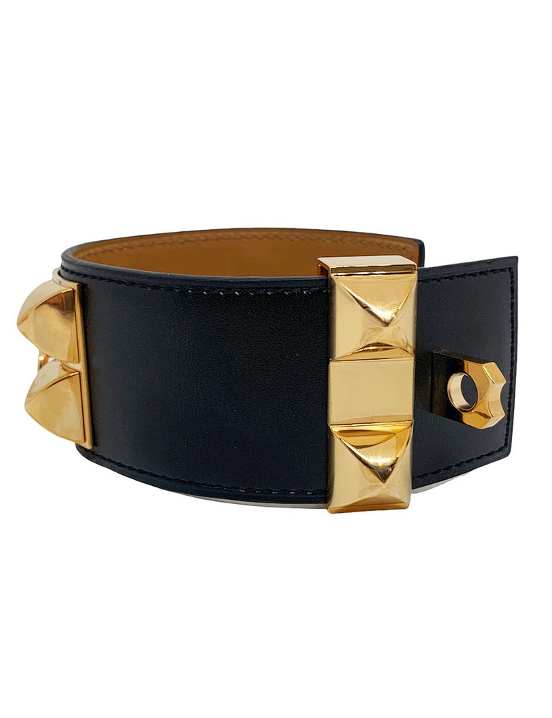 Bracelet collier de chien HERMES noir en cuir de veau