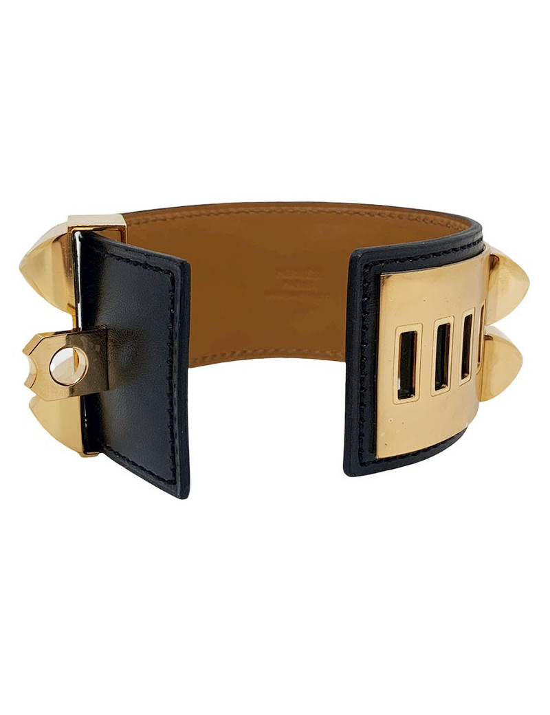 Bracelet collier de chien HERMES noir en cuir de veau