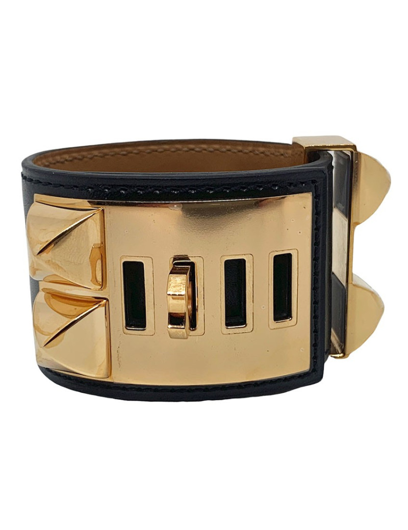 Bracelet collier de chien HERMES noir en cuir de veau